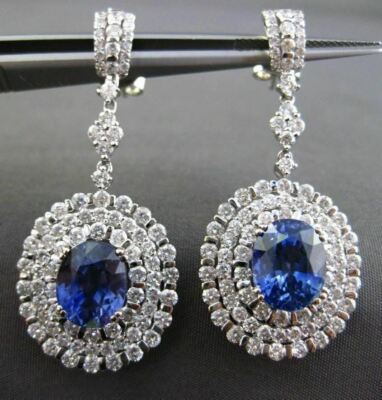 ESTATE LARGE DIAMOND AAA SAPPHIRE 18K WHITE GOLD HALO HANGING  EARRINGS