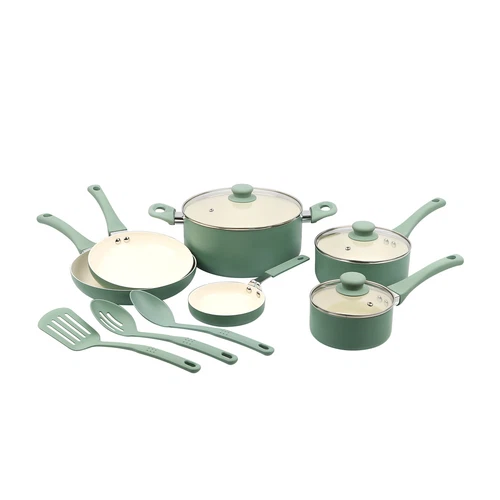 Mainstays Ceramic Aluminum, 12 Piece, Pots and Pans Cookware Set Green Nonstick
