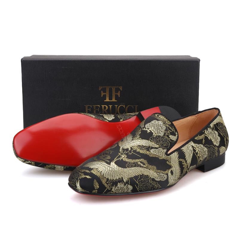 る〜か　ブラウン Men FERUCCI Black Slippers Loafers Flat With Gold Chinese Bird