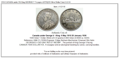 1936 CANADA under UK King GEORGE V Voyagers ANTIQUE Silver Dollar