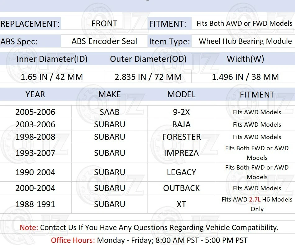 [DELANTERO (cantidad 2 piezas)] Cojinete de cubo de rueda para Subaru XT XT6 1988-1991 cupé AWD 2,7 L H6 Foto 2 de 4