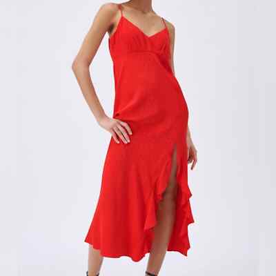 red backless dress zara Preowned Zara Rust Red Bias Cut Satin Side-Ruched Slip Dress main image 1