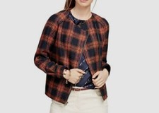  298 Brooks Brothers Women's Blue Plaid Moto Wool Tweed Zip Jacket US 8 UK 14