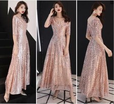 Women Elegant Sequin V Neck Short Sleeves Long Evening Dress Cocktail Prom Party