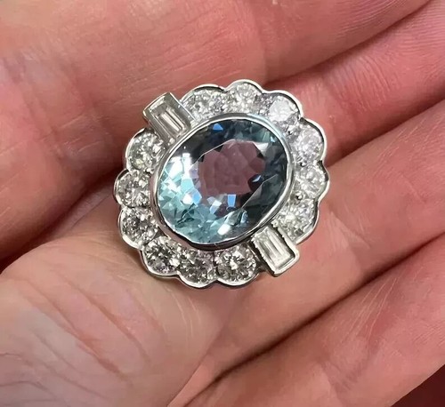 5.20 Ct Oval Natural Royal Aquamarine Diamond Engagement Ring 14K Yellow Gold - Picture 4 of 7