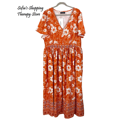 Bloomchic 22 24 3X Tropical Floral Beachy V Neck Slit Orange Maxi Dress |  eBay