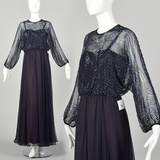 Small 1970s Jack Bryan Dress Blue Disco Beaded Maxi Formal Evening Gown Vintage