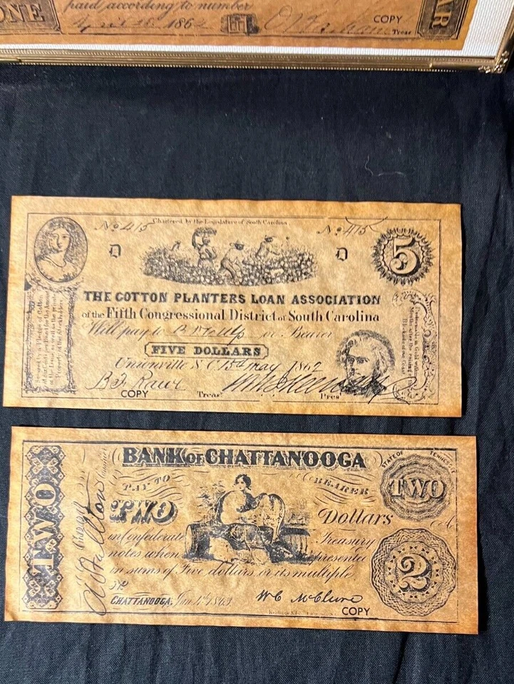 5 *Reproduction* Confederate American Banknotes Civil War Play Money & Frame - Image 3 of 4