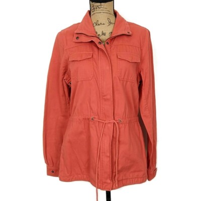 Life In Progress Womens sz M Jacket Coral Zip Snap Front Cinch Tie Waist Pockets