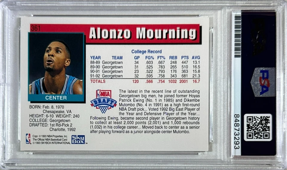 Alonzo Mourning auto 1993 Sky Box RC GEM Mint 10 Charlotte Hornets PSA Encap - Image 2 of 3