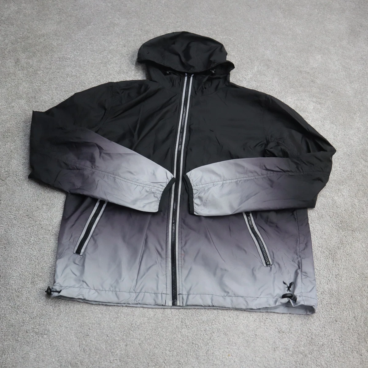 American Eagle Womens Windbreaker Hooded Jacket Full Zip Up Black