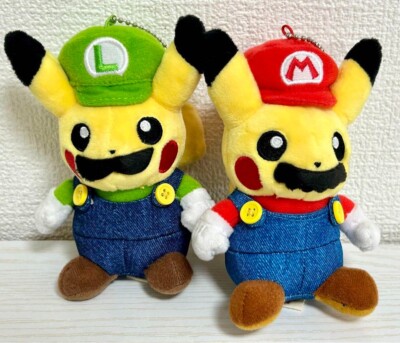 Pokemon Center Original Mario Luigi Pikachu Key Chain Plush Mascot