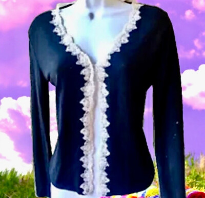 Blugirl Blumarine Black Cardigan Sweater Lace Trim Italian