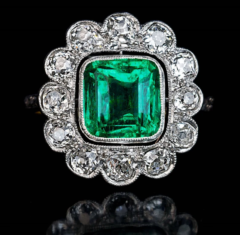 Asscher Cut Emerald and CZ Engagement Ring in 925 Sterling Silver-image