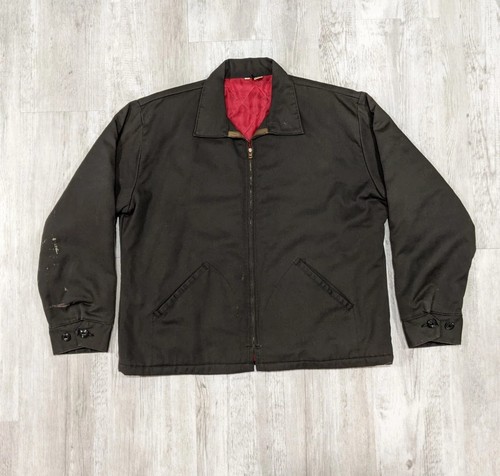 Vintage 70s Wrangler Mechanic Work Jacket Quilt Lining Size 44 Dark Olive Brown