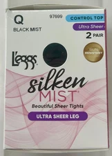 L'eggs Silken Mist Ultra Sheer leg Control Top Tights Size Q Black Mist 2 Pairs