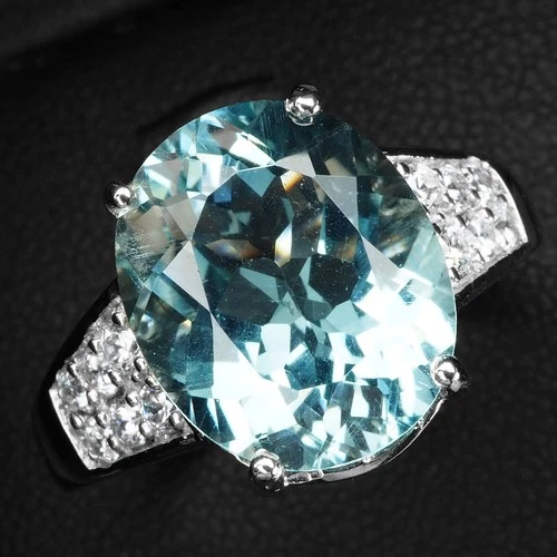 925 Sterling Silver White Gold Rings Charming Arctic Blue Aquamarine Oval 4.60Ct