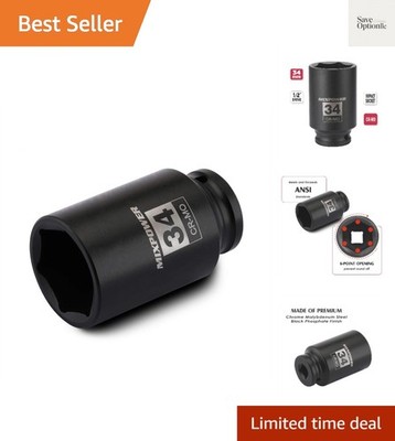 1/2'' Drive Deep Impact Socket, CR-MO, 34 mm, METRIC, 6 Point, Axle Nut Impact...