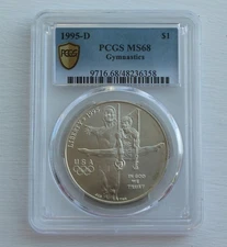 1995-D ATLANTA OLYMPICS GYMNASTICS COMMEMORATIVE SILVER DOLLAR PCGS MS68
