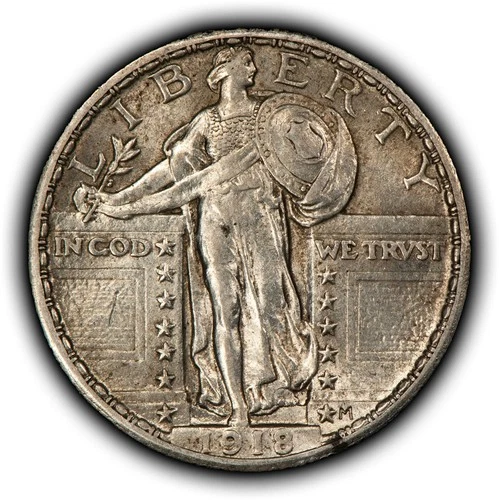 1918 25c Standing Liberty Silver Quarter - Luster - Original AU+/UNC - SKU-Y6385