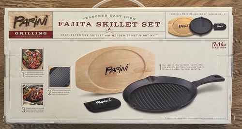 NEW IN BOX Parini Grilling Cast Iron Fajita Skillet Set 7”x14” - Picture 2 of 13