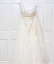 The Wedding Shoppe Ivory Lace Beaded V-Neck Mermaid Train Dress Size 14