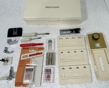 Vintage Kenmore Sewing Machine Accessories  Plastic Box Buttonholer Plates Feet