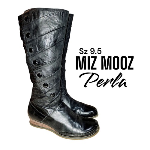 MIZ MOOZ 9.5 PERLA HTF Tall Blk Leather Button Detail Zip Up Wedge Pleated Boots