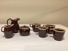 Lot Of 7 Hull Pottery Brown Drip Glaze- 4 Mugs, Pitcher, Creamer, Sugar Bowl