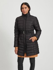 New Vila Black Belted Waist Padded Coat Jacket Autumn Winter Look Size 44 Uk 16