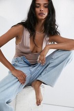 NEW FREE PEOPLE Sz XS KEEP IT SLEEK DUO METALLIC PLUNGE BODYSUIT LATTE CASINO