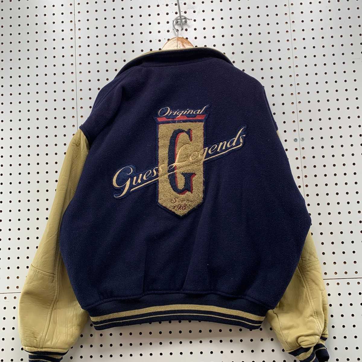 VTG Guess Varsity Jacket Mens Large Blue Beige Leather
