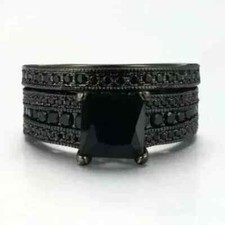 3Ct Princess Cut Lab Created Black Diamond Bridal Set Ring 14K Black Gold Plated