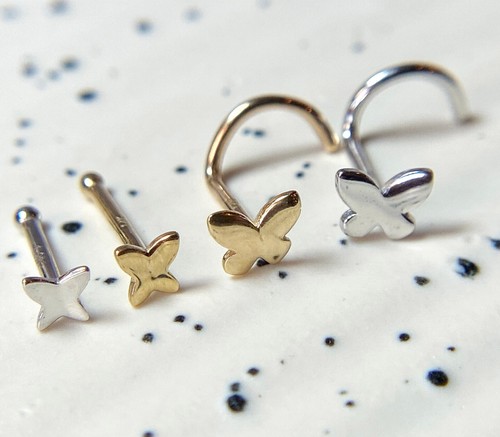 14kt Gelb- oder Weißgold Schmetterling Nasenring 20g Nasenloch Körperschmuck - Bild 1 von 14