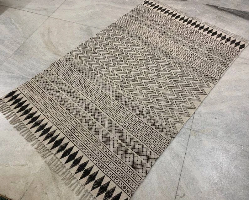Indian Floor Rug Handmade Dhurrie Rug Cotton Rustic Aztec Rug Home Decor Block - Image 3 of 4