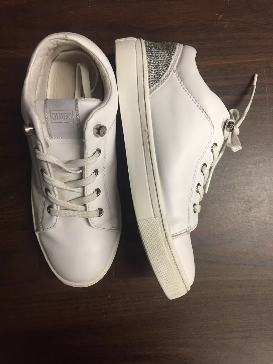 Guess Brand White Leather Rhinestone Heel Sneakers Womens Size 6 S4