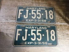 Maryland License Plates MD Tags Pair  # FJ 55 18 1958