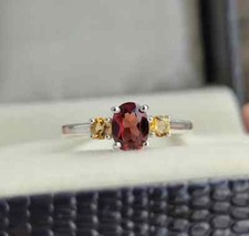 Oval Garnet Citrine Three stone Ring in 925 sterling Silver Red Garnet