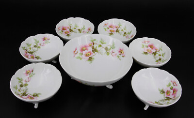 GIRAUD LIMOGES Heckenrose/Buschrose 7tlg. auf Füßchen 1Schale mit 6Schälchen #B4