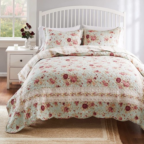 ROMANTIC ROSE 3pc Queen QUILT SET : COTTAGE BLUE ANTIQUE CHIC VINTAGE FARMHOUSE - Picture 5 of 8