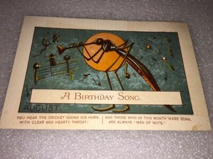 VINTAGE AUGUST A BIRTHDAY SONG PLAYED BY A INSECT BIRTHDAY CARD
