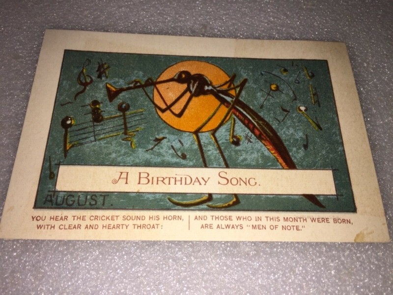VINTAGE AUGUST A BIRTHDAY SONG PLAYED BY A INSECT BIRTHDAY CARD