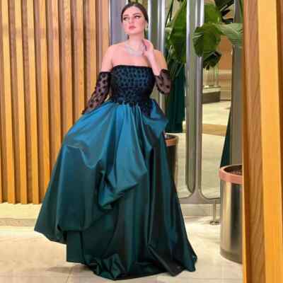 Satin Draped Pleat Applique A-line Off-the-shoulder Bespoke Gown Long  Dresses | eBay