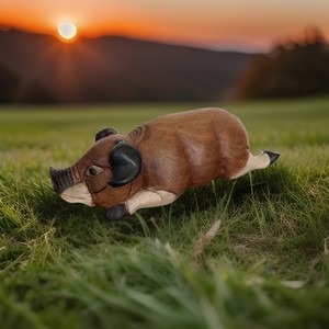 Vintage Hand Carved Wooden Pig Figurine Farmhouse Decor Brown w/ Black Ears 16"