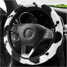 Soft Fluffy Cow Print Steering Wheel Cover, Handbrake Cover, Armrest Mt and Shi