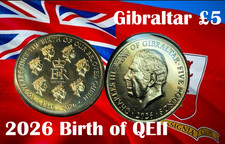 Gibraltar coin £5 pounds 2026 QEII Queen Elizabeth Effigies 100y birth KCIII 5