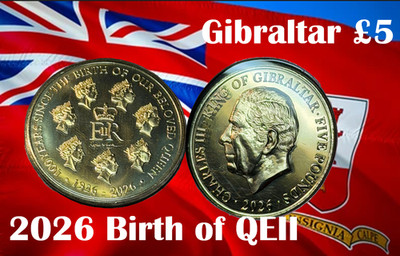 Gibraltar Münze £5 Pounds 2026 QEII Queen Elizabeth Effigies 100y Geburt KCIII 5