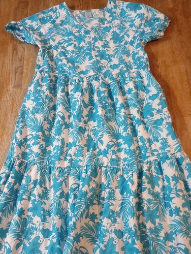 Girl's XL Turquoise/White 100% Cotton Midi Dress Tropical Beach Vacation