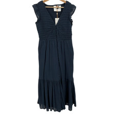 Quince Organic Textured Cotton Smocked V-Neck Midi Dress Navy Basic Sleeved S