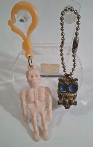 Two Gumball Arcade Prizes Rubbery UV Skeleton & Brown Owl Keychains Hong Kong